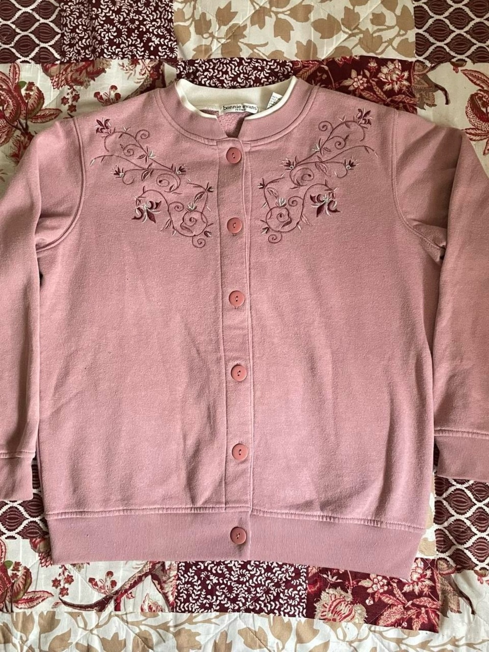 Pink Floral Embroidered Button-Front Sweater